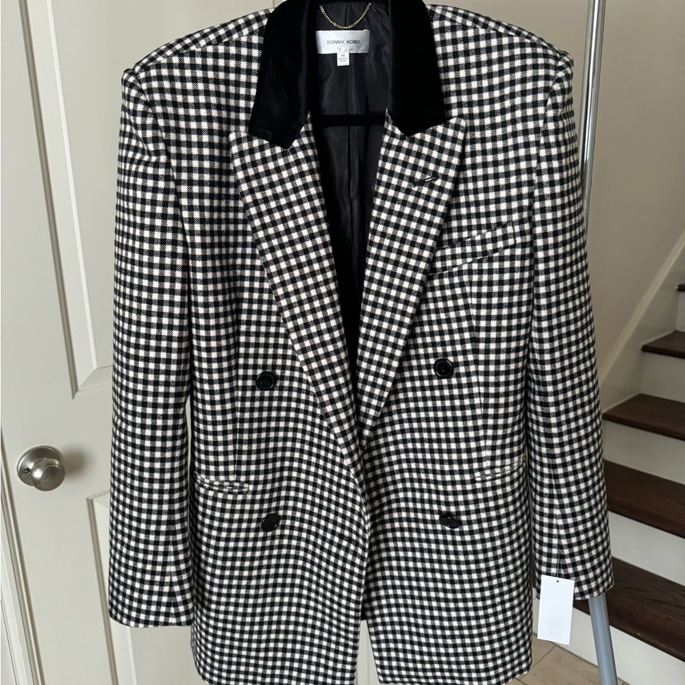 Ronny Kobo Doe Black & White Checkered Double Breasted Blazer XS New With Tags